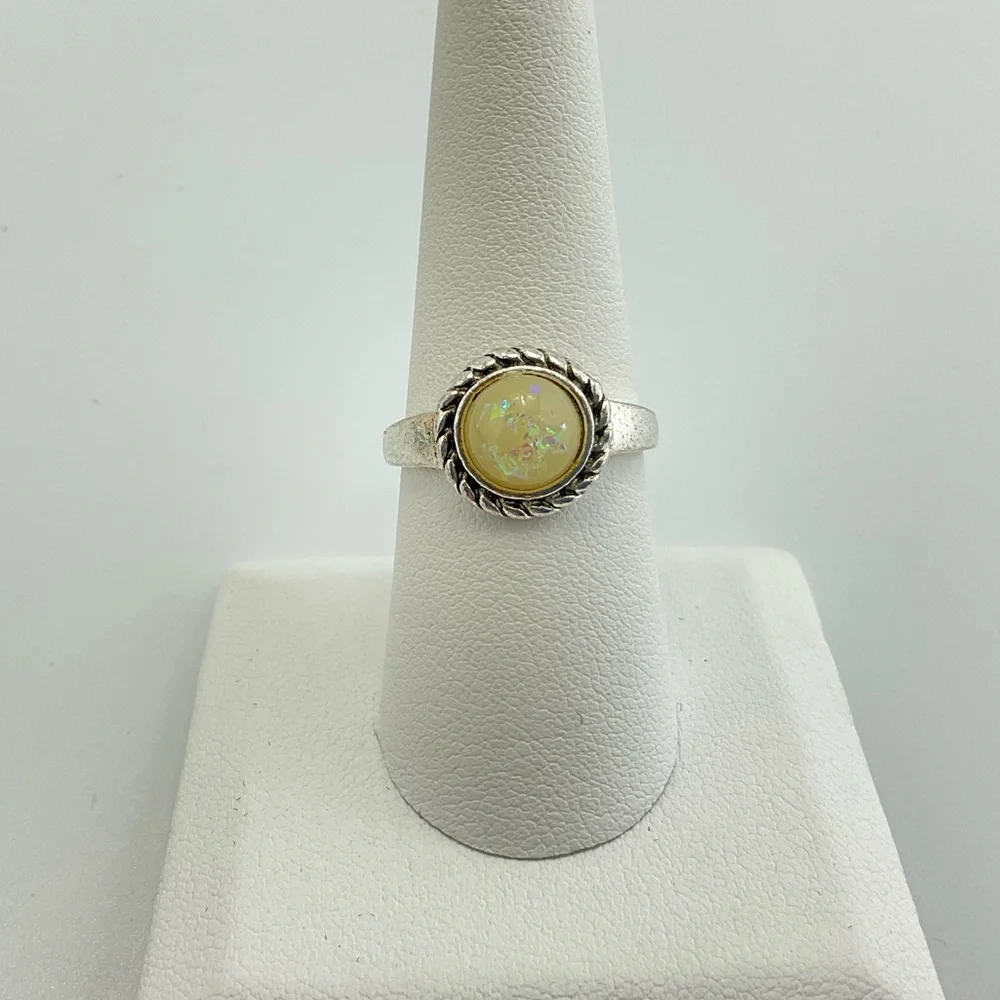 Yellow Opal Ring, Confetti Resin Opal, Vintage, BoHo, Antiqued Silver Plate